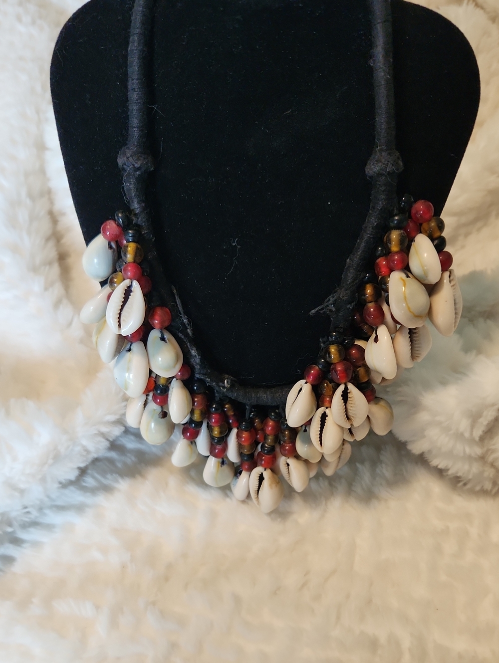 Handmade Cowrie Shell Necklace with Red and Brown Beads Boho Vibe - Picture 1 of 6